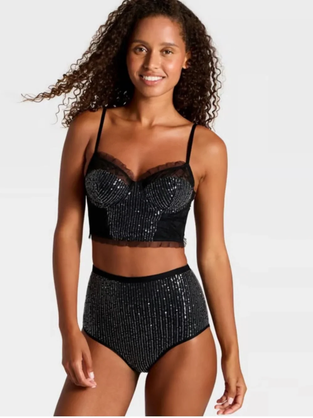 Wild Fable Black Sequin Lace Longline Bralette & High-Rise Hot Pants Set